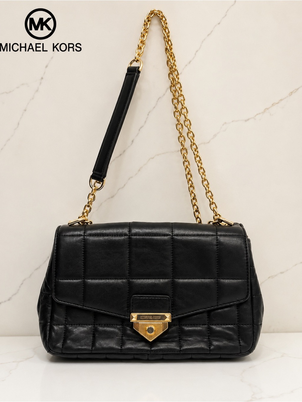 Michael Kors Soho Large Black Quilted Leather Shoulder Bag Gold Chain